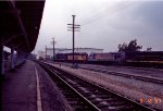 A colorful freight train working the yard